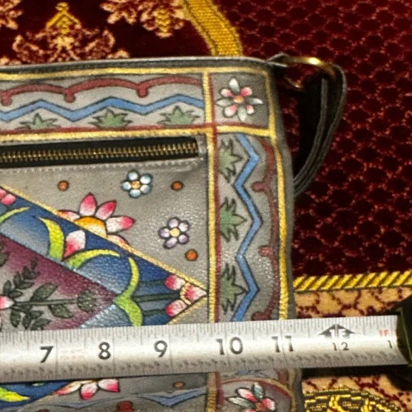 Floriana‎ Floral Hand Painted Black Leather Boho Crossbody Purse - Picture 10 of 12